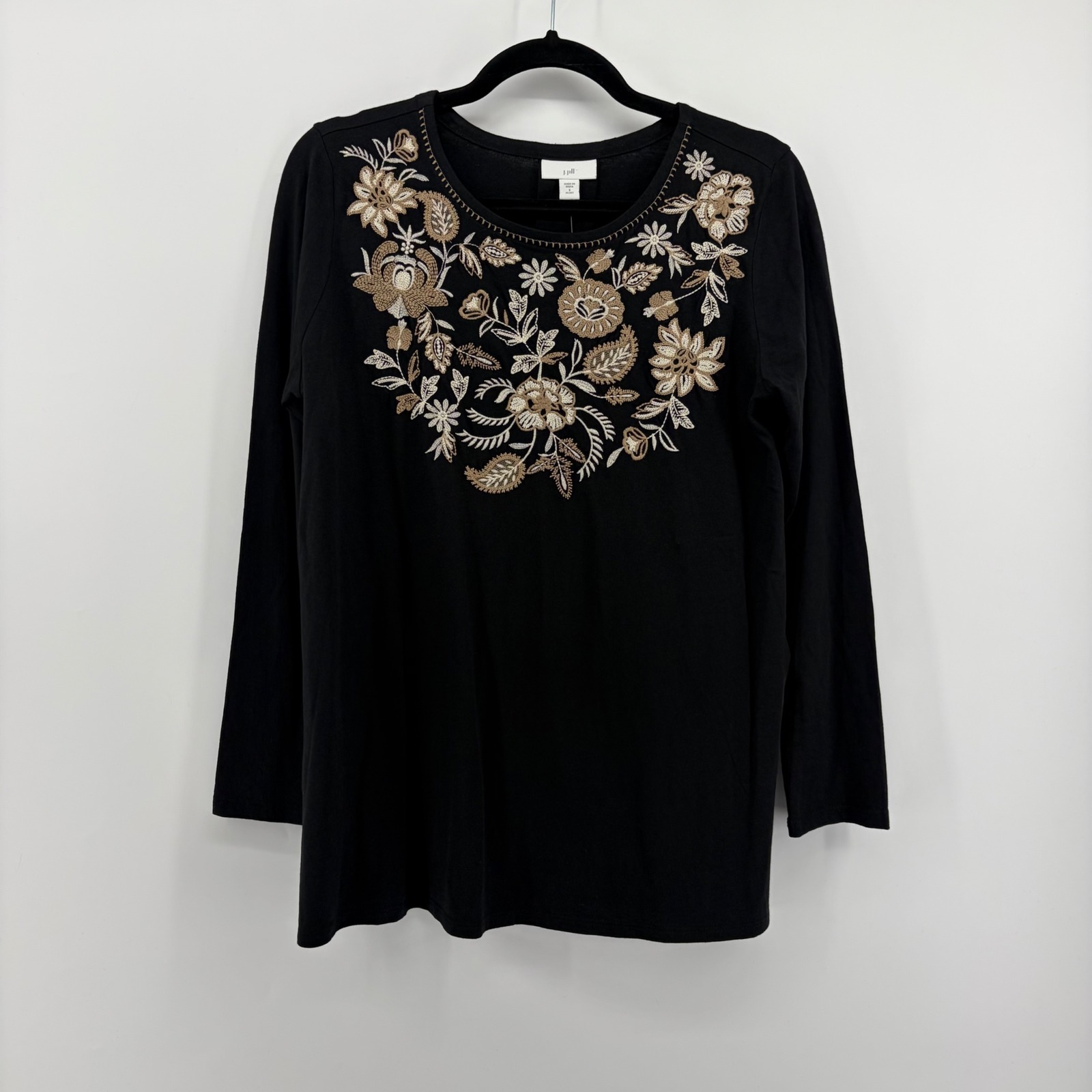 J. Jill Black Floral Embroidered Long Sleeve Cotton Modal Top Size Small Petite